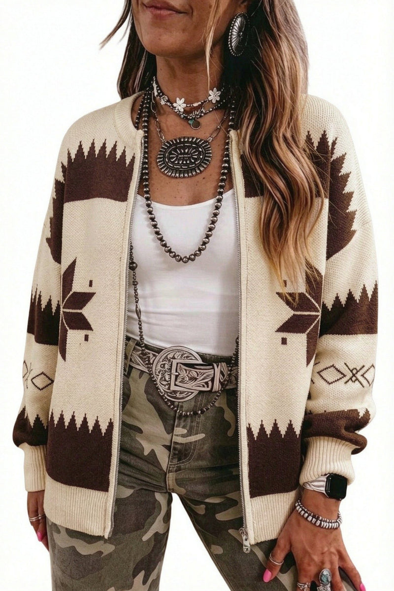 Western Aztec Zip Up Cardigan for Women with Star Motif and Ribbed Cuffs in Beige, studio front view