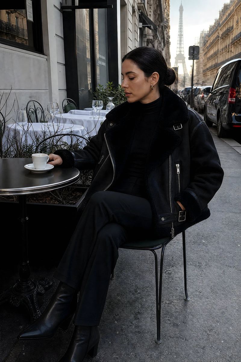 SOFAINE-V7-LIFE-Tallulah | Sherpa Biker Jacket in Black, cafe lifestyle
