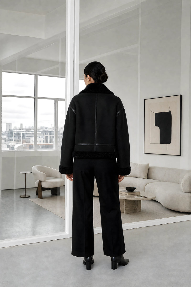 Tallulah | Sherpa Biker Jacket in Black, studio back