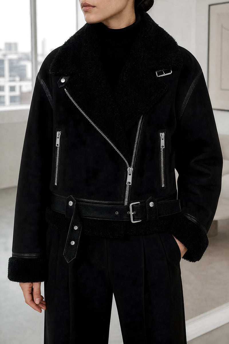 Tallulah | Sherpa Biker Jacket in Black, studio close-up