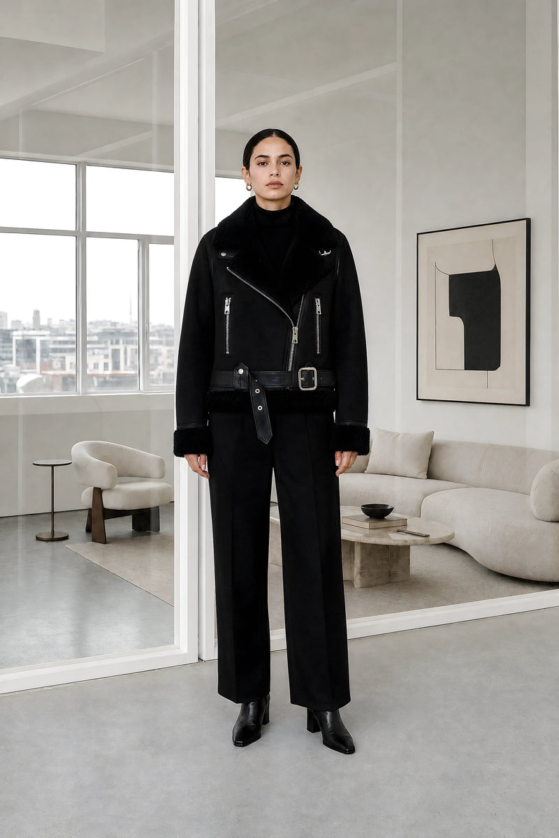 Tallulah | Sherpa Biker Jacket in Black, studio front