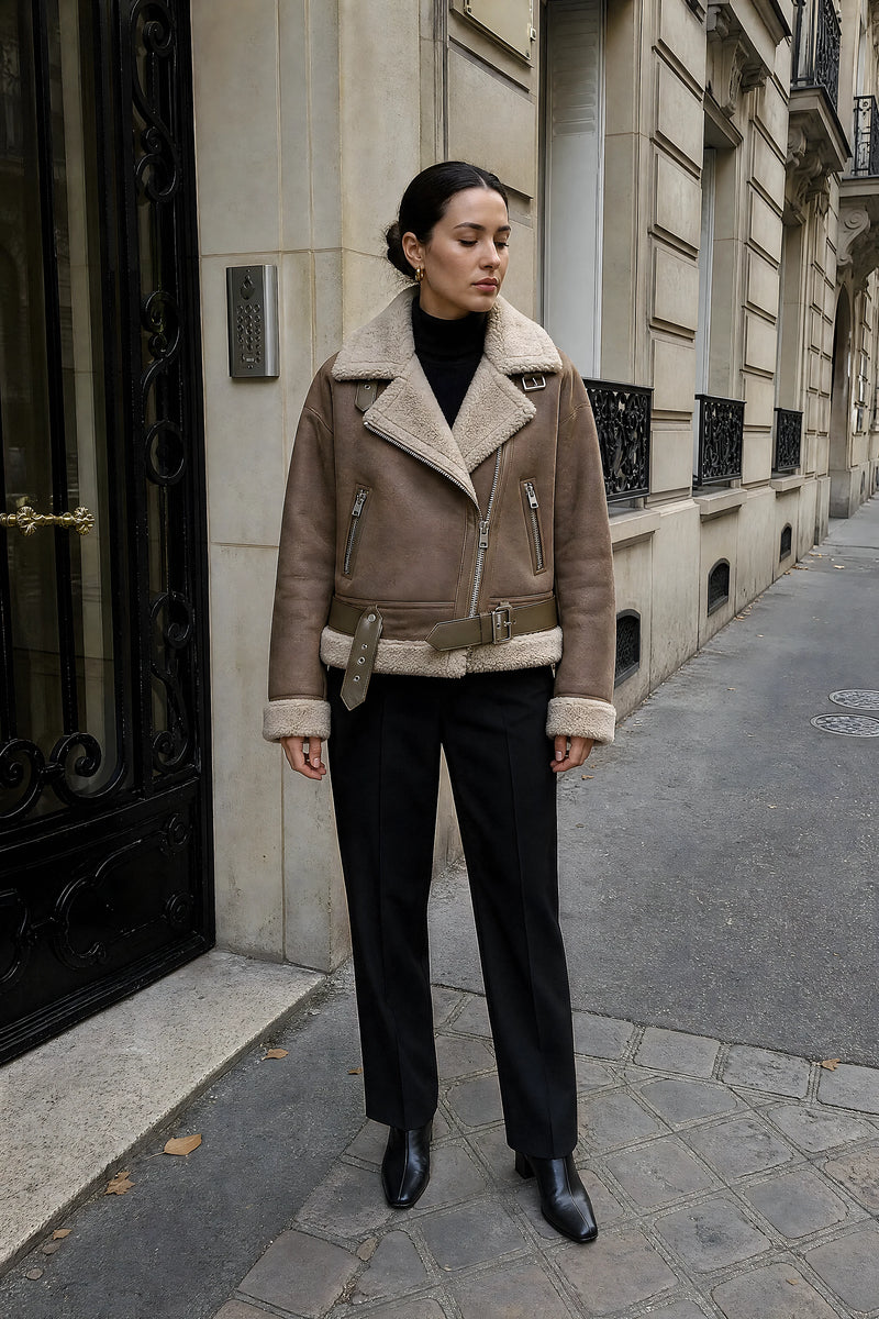 SOFAINE-V7-LIFE-Tallulah | Sherpa Biker Jacket in Brown, street style