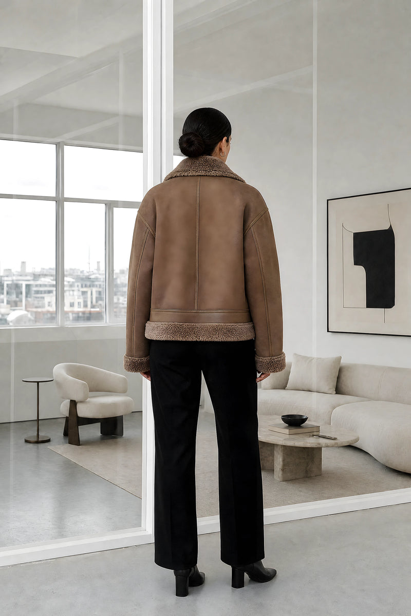 Tallulah | Sherpa Biker Jacket in Brown, studio back