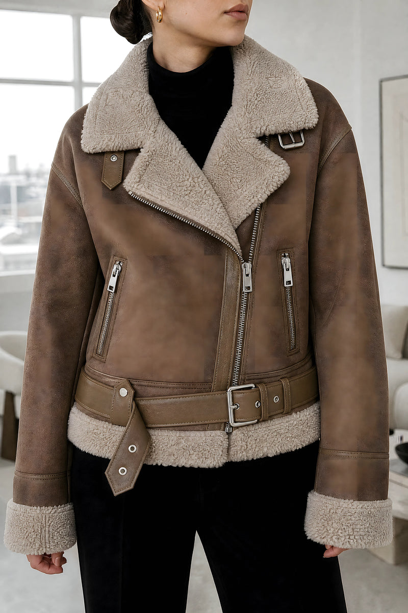 Tallulah | Sherpa Biker Jacket in Brown, studio close-up