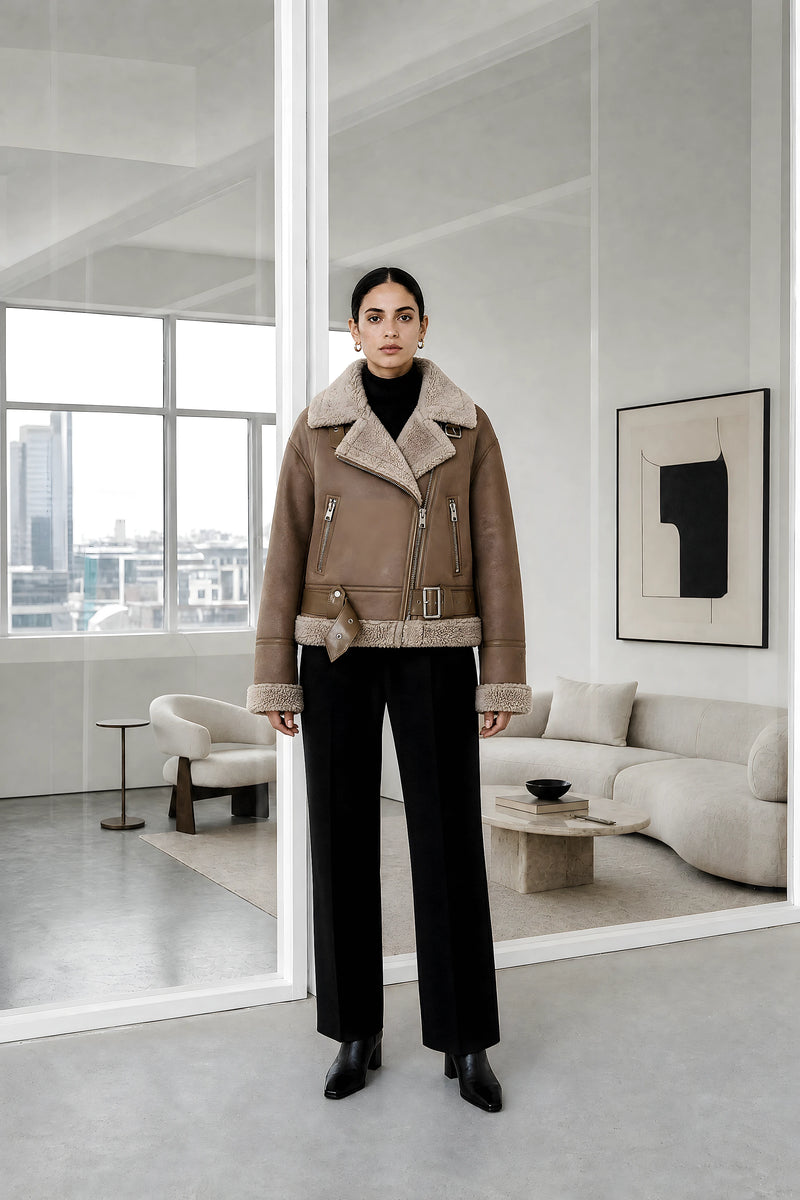 Tallulah | Sherpa Biker Jacket in Brown, studio front