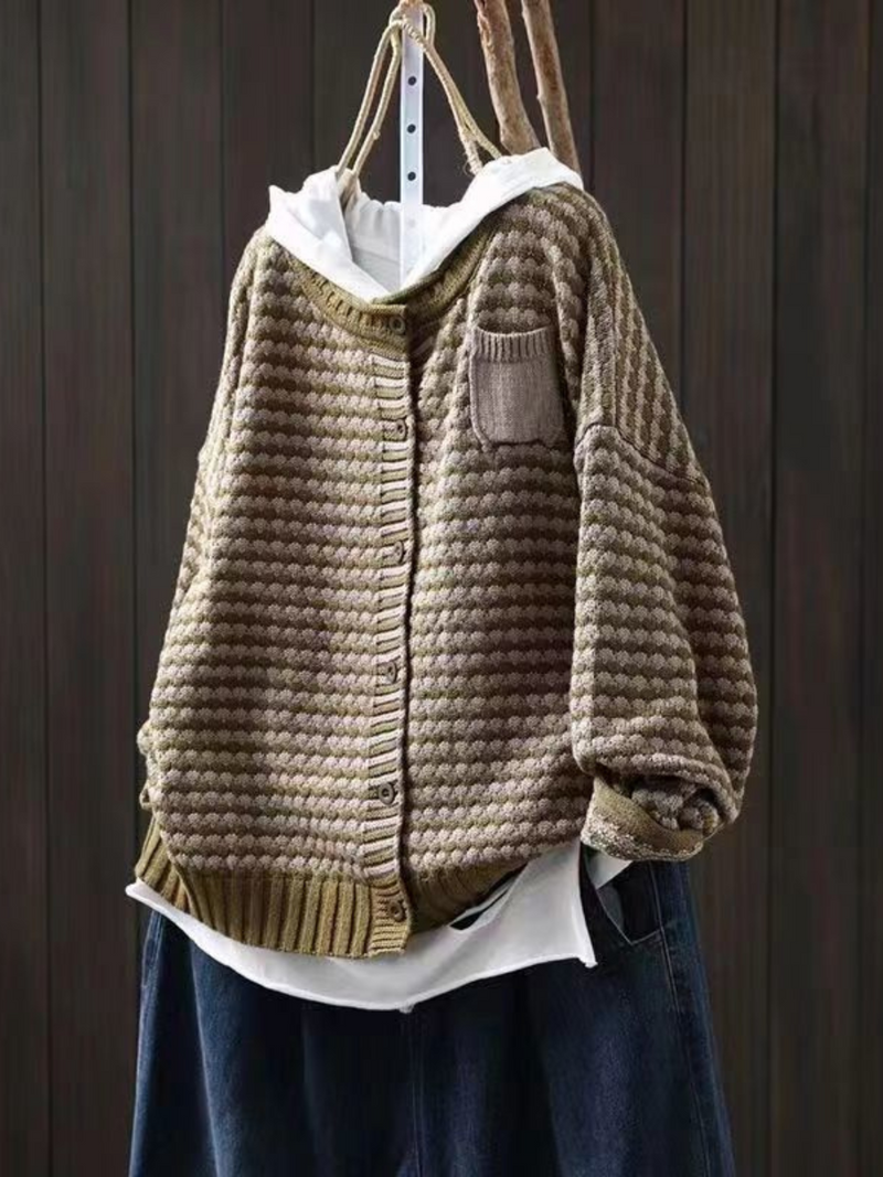 Striped Knit Cardigan for Women with Chest Pocket and Button Front in Khaki, front view