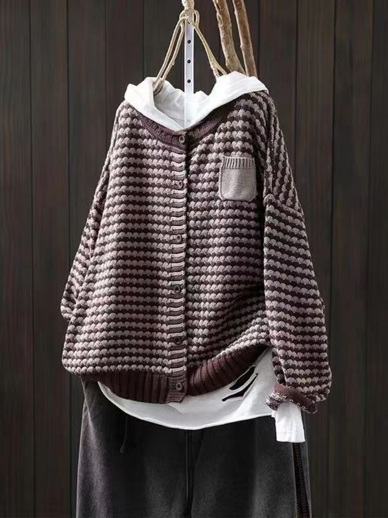 Striped Knit Cardigan for Women with Chest Pocket and Button Front in Mauve, front view
