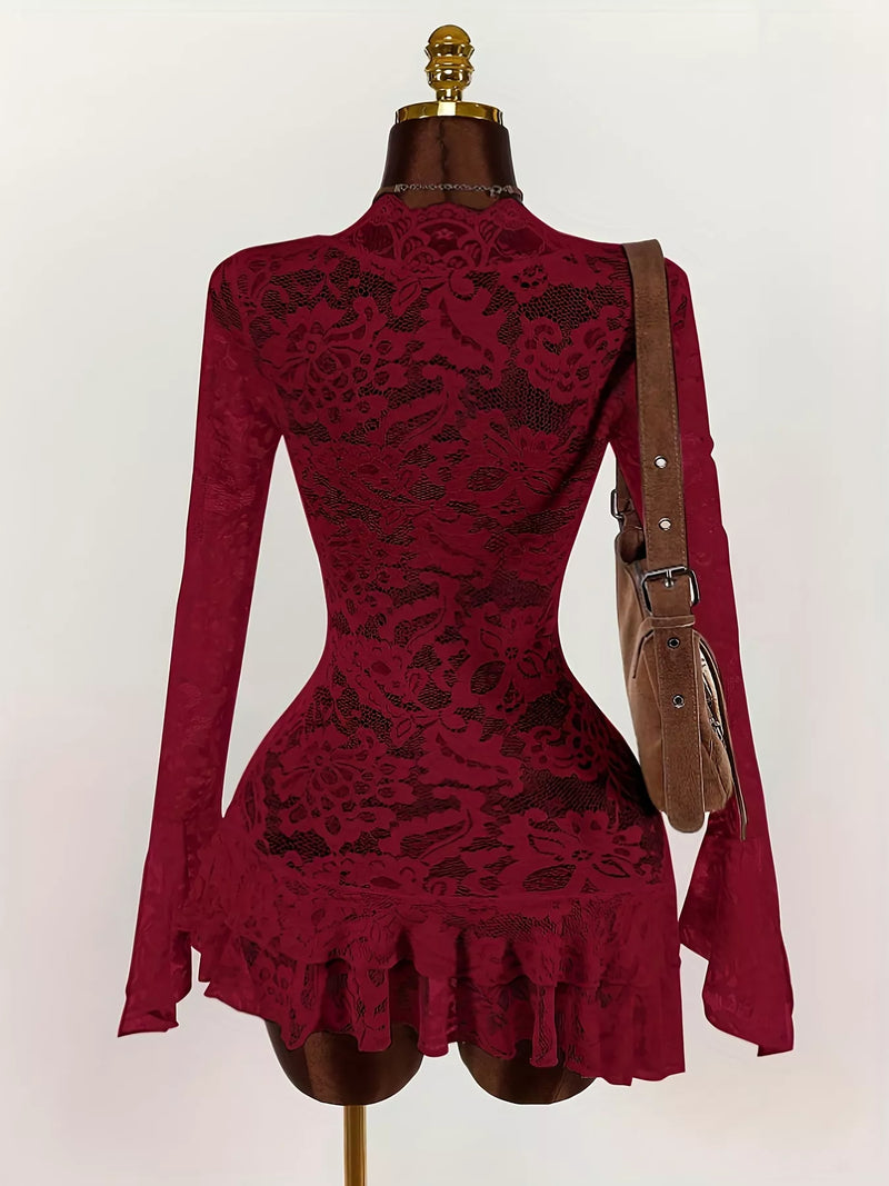 Lace Tunic Top for Women with Deep V Neck and Ruffle Hem in Burgundy, back view