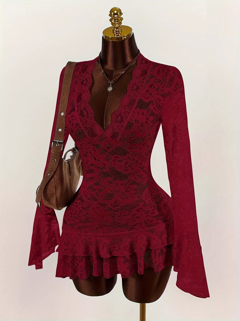 Lace Tunic Top for Women with Deep V Neck and Ruffle Hem in Burgundy, side view