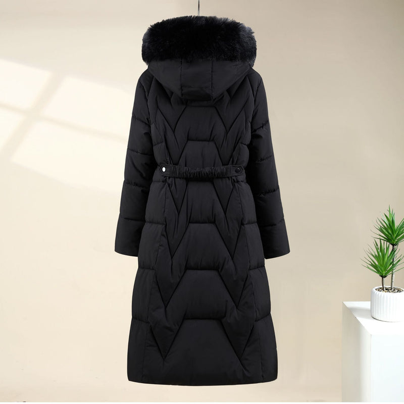 Long Quilted Parka Coat for Women with Faux Fur Hood and Drawstring Waist in Black, back view