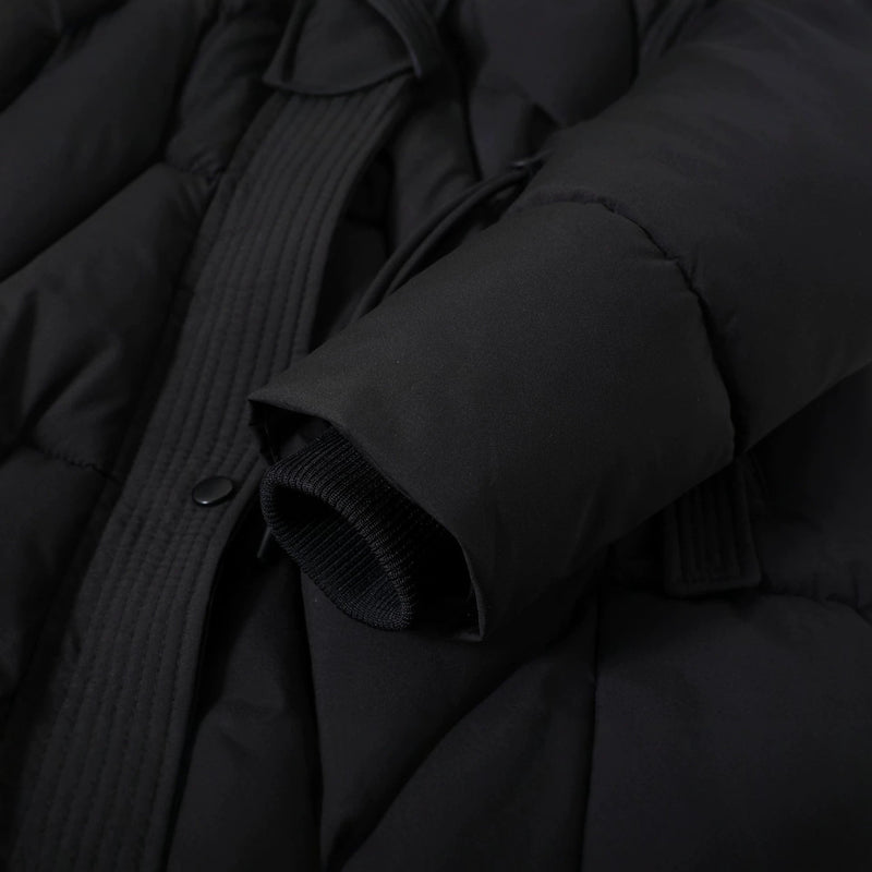 Long Quilted Parka Coat for Women with Faux Fur Hood and Drawstring Waist in Black, cuff detail