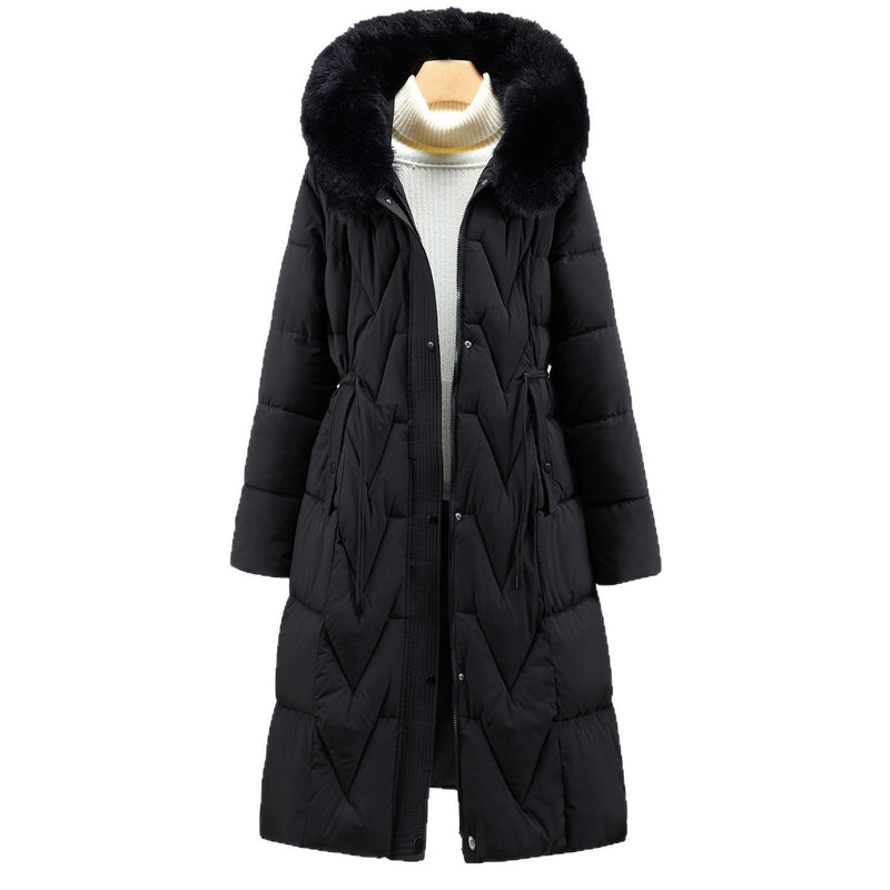 Long Quilted Parka Coat for Women with Faux Fur Hood and Drawstring Waist in Black, front view on white