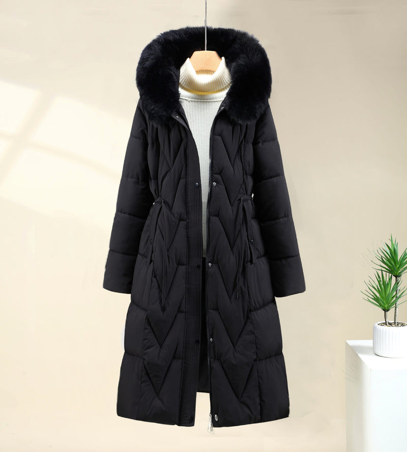 Long Quilted Parka Coat for Women with Faux Fur Hood and Drawstring Waist in Black, styled front view