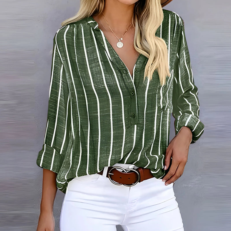 Striped Button Up Blouse for Women with V Neck and Chest Pocket in Green, front view