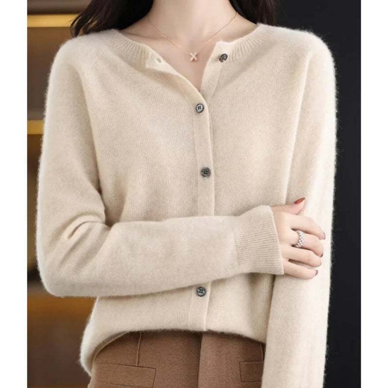 Lightweight Crew Neck Cardigan for Women with Button Front in Beige, front view 2