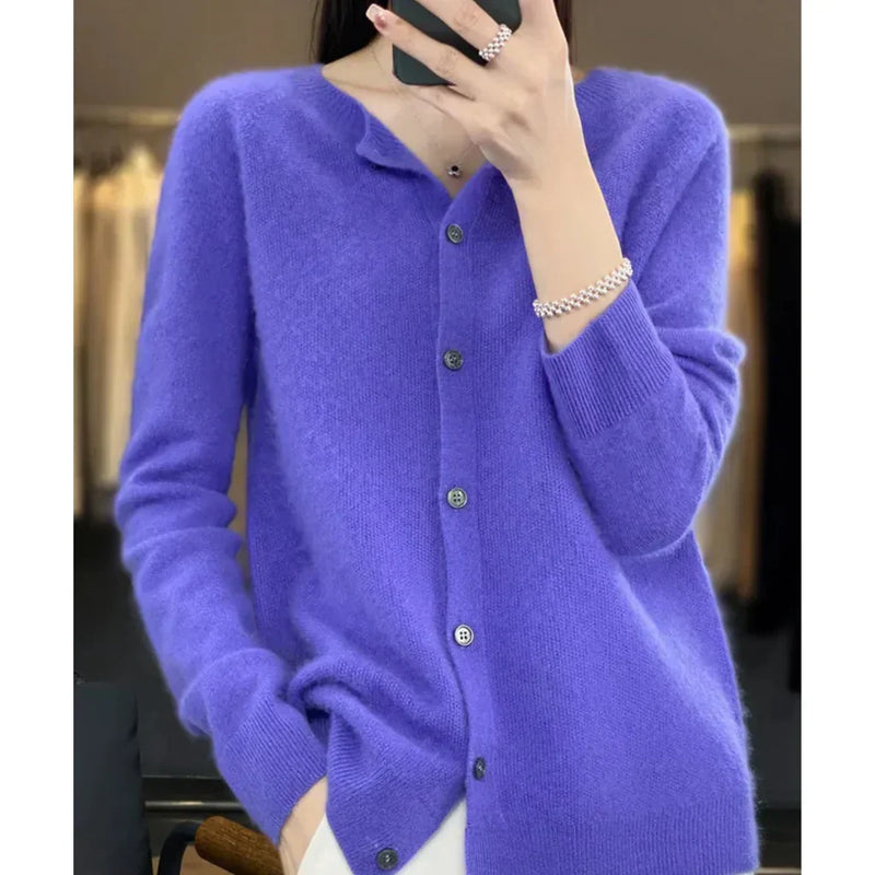 Lightweight Crew Neck Cardigan for Women with Button Front in Blue, front view