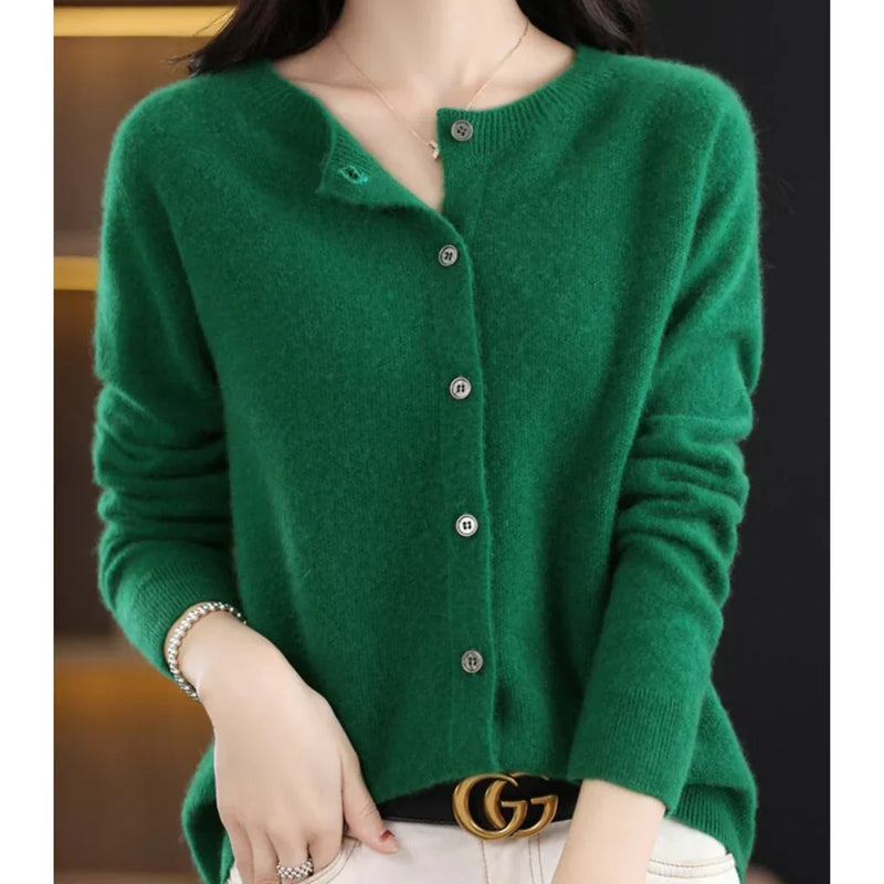 Lightweight Crew Neck Cardigan for Women with Button Front in Green, front view