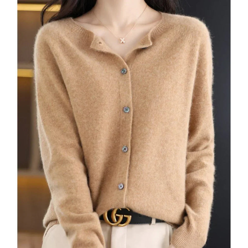 Lightweight Crew Neck Cardigan for Women with Button Front in Khaki, front view