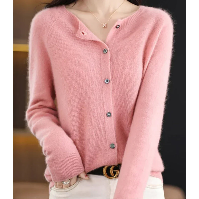 Lightweight Crew Neck Cardigan for Women with Button Front in Pink, front view