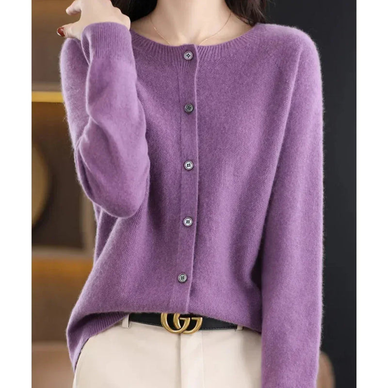 Lightweight Crew Neck Cardigan for Women with Button Front in Purple, front view