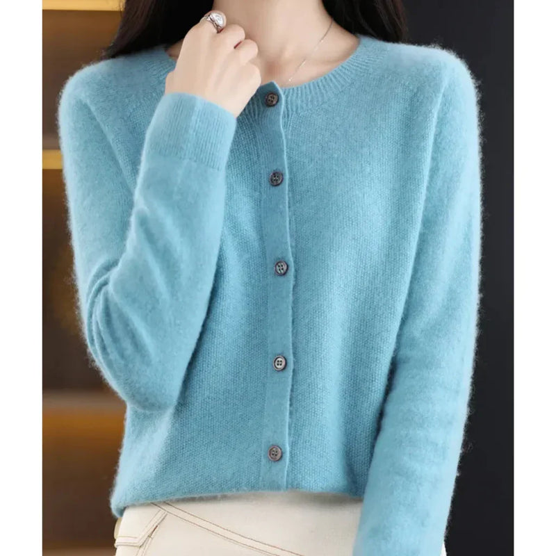 Lightweight Crew Neck Cardigan for Women with Button Front in Sky Blue, front view