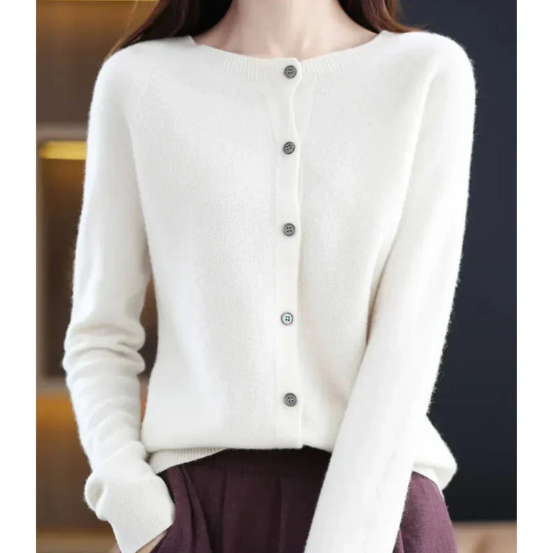 Lightweight Crew Neck Cardigan for Women with Button Front in White, front view