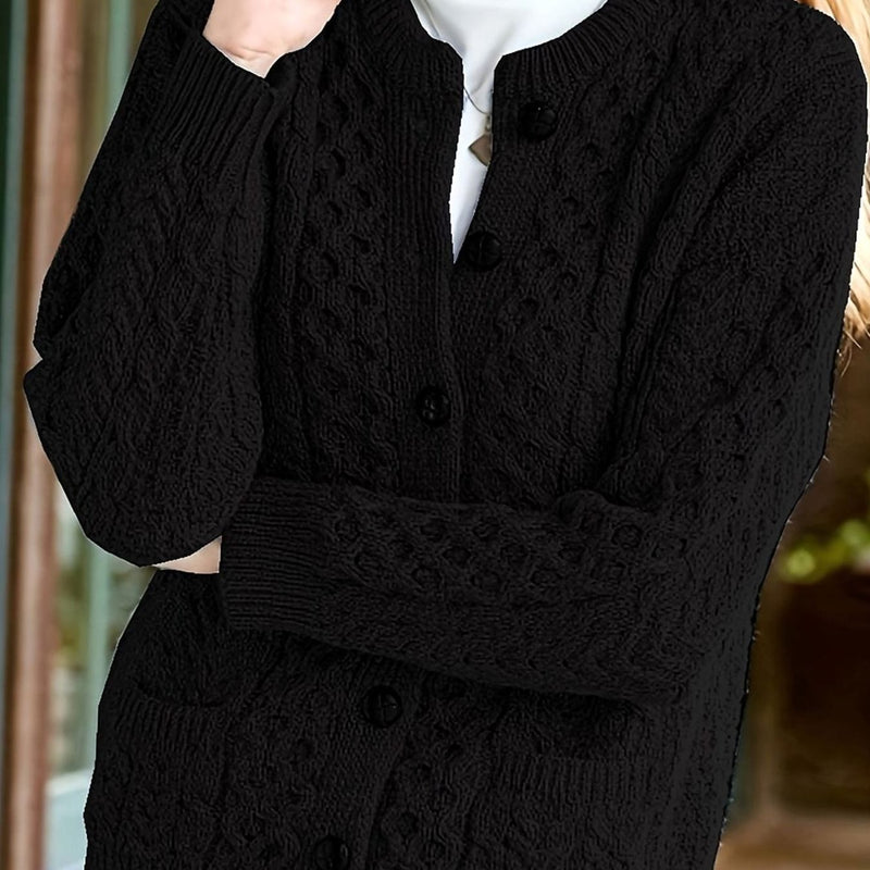 Aran Cable Knit Cardigan for Women with Button Front and Patch Pockets in Black, close-up