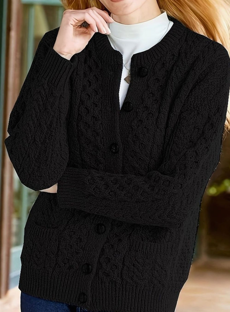 Aran Cable Knit Cardigan for Women with Button Front and Patch Pockets in Black, front view