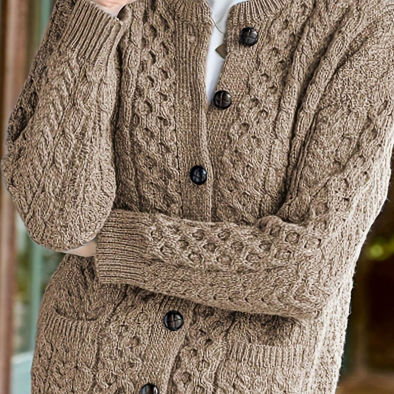 Aran Cable Knit Cardigan for Women with Button Front and Patch Pockets in Camel, close-up