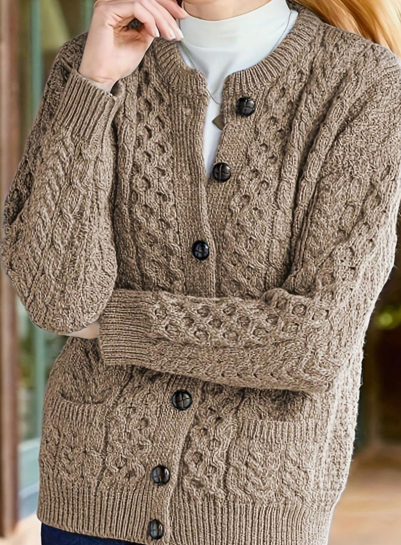 Aran Cable Knit Cardigan for Women with Button Front and Patch Pockets in Camel, front view
