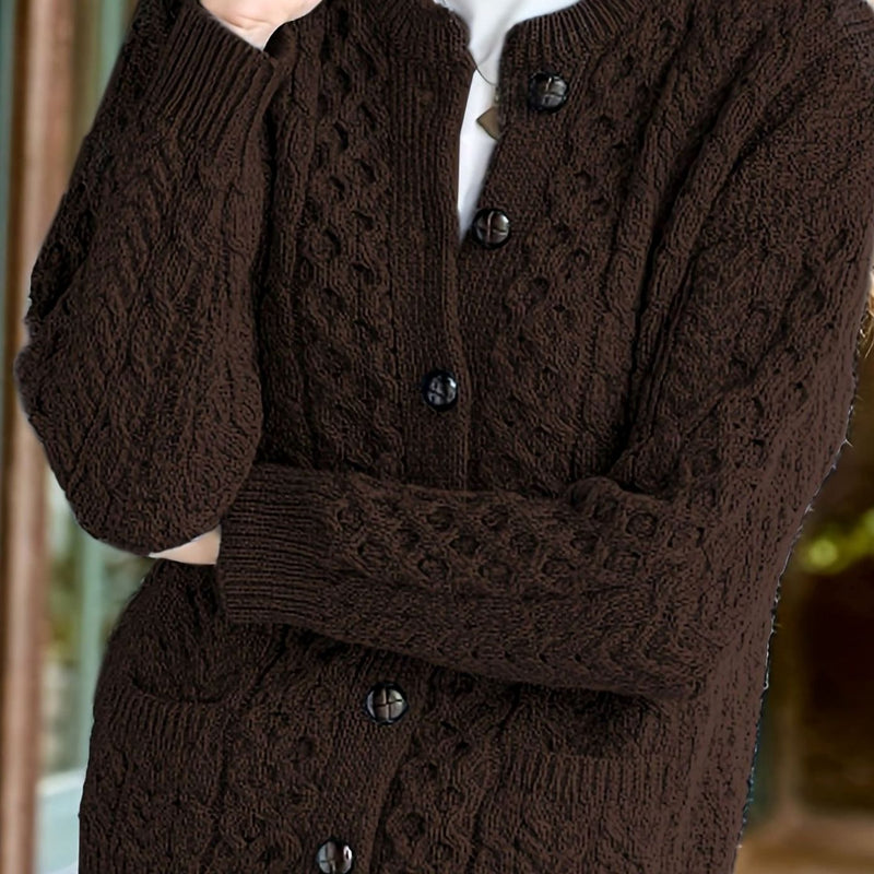 Aran Cable Knit Cardigan for Women with Button Front and Patch Pockets in Coffee Brown, close-up