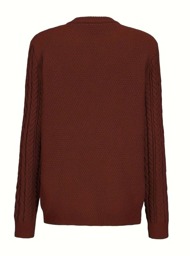 Aran Cable Knit Cardigan for Women with Button Front and Patch Pockets in Maroon, back view