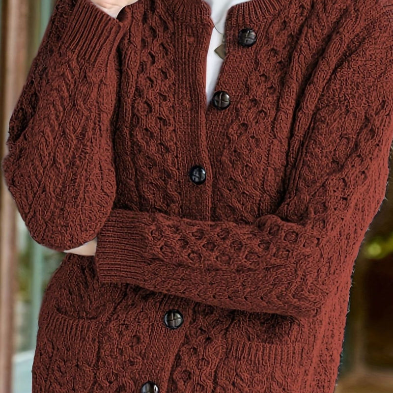 Aran Cable Knit Cardigan for Women with Button Front and Patch Pockets in Maroon, close-up