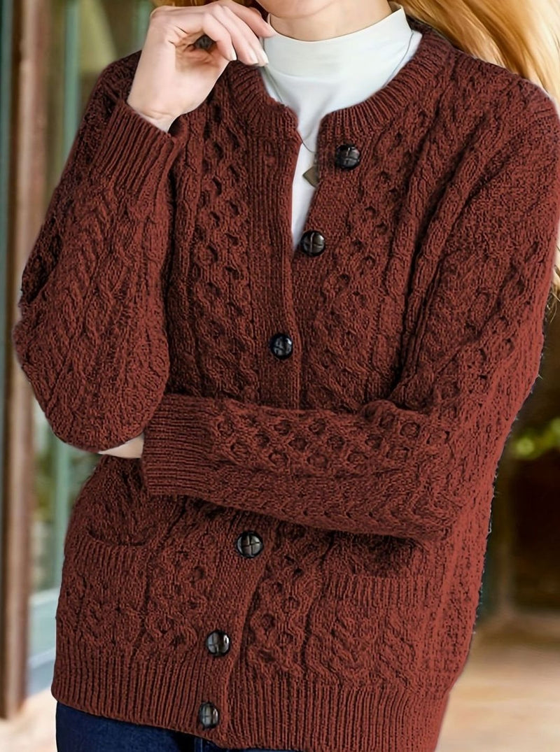 Aran Cable Knit Cardigan for Women with Button Front and Patch Pockets in Maroon, front view