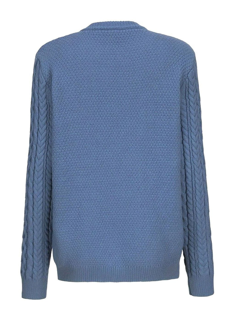 Aran Cable Knit Cardigan for Women with Button Front and Patch Pockets in Sea Blue, back view
