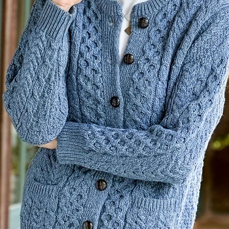 Aran Cable Knit Cardigan for Women with Button Front and Patch Pockets in Sea Blue, close-up