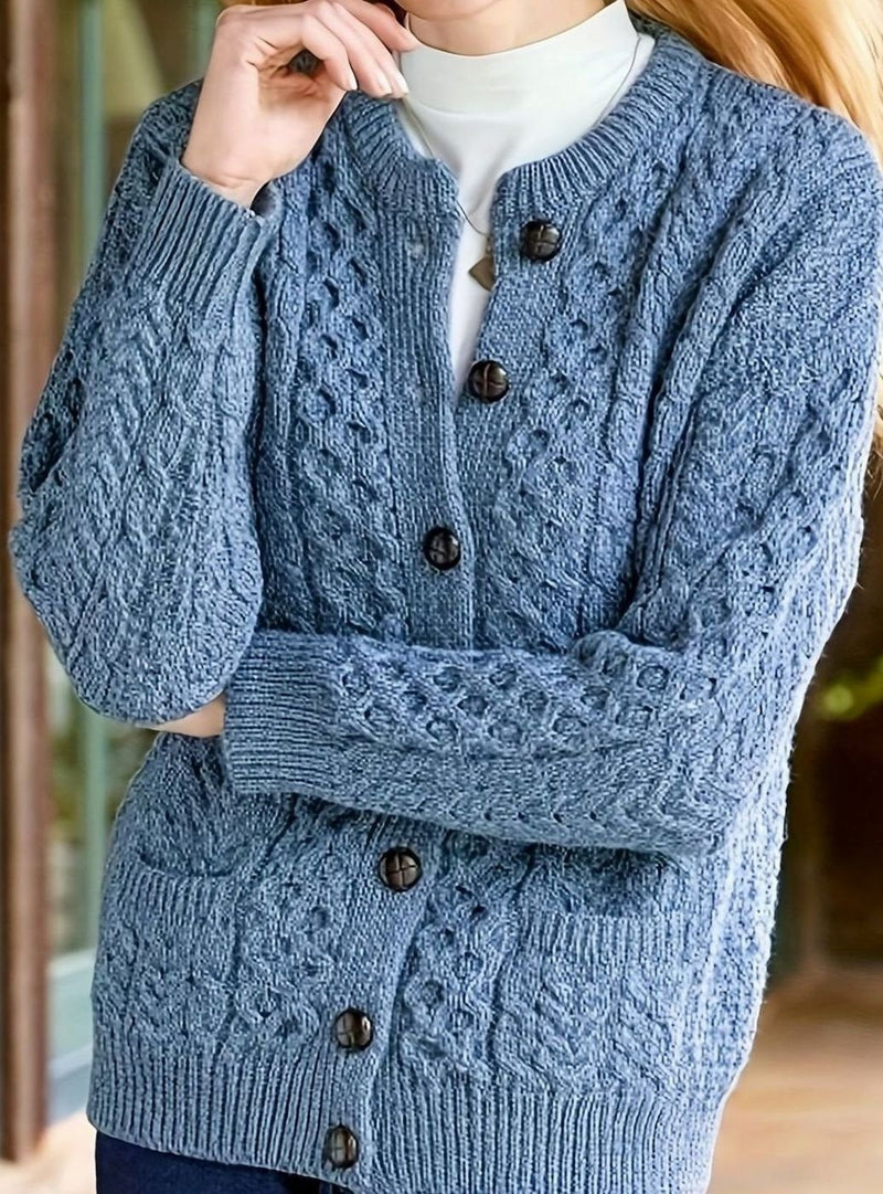 Aran Cable Knit Cardigan for Women with Button Front and Patch Pockets in Sea Blue, front view
