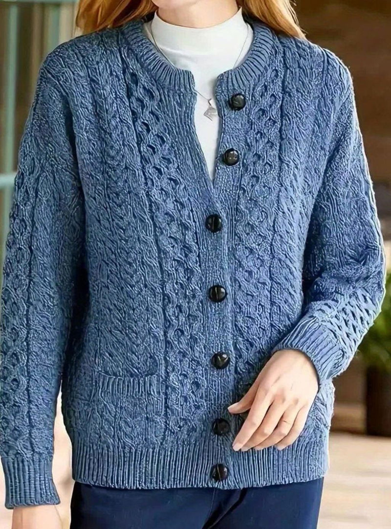 Aran Cable Knit Cardigan for Women with Button Front and Patch Pockets in Sea Blue, full front view