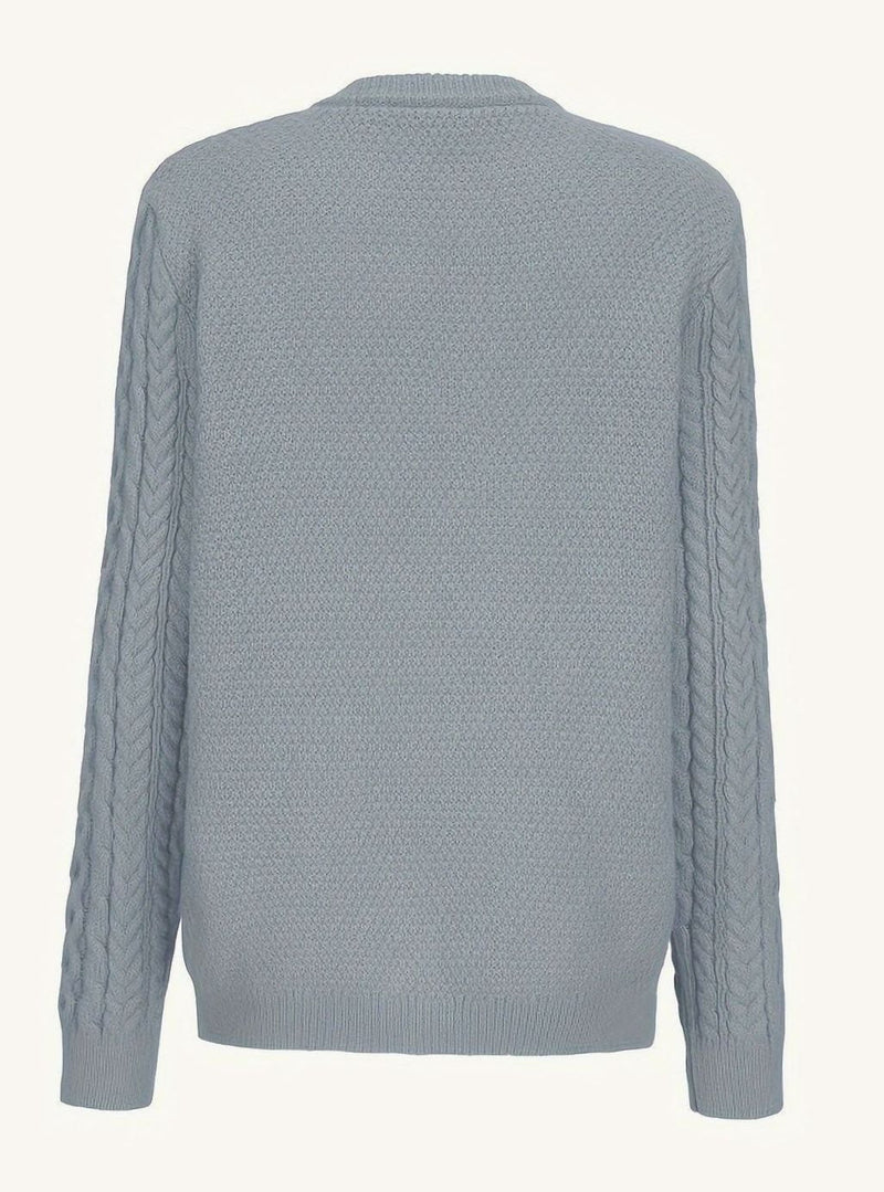 Aran Cable Knit Cardigan for Women with Button Front and Patch Pockets in Silvery Grey, back view