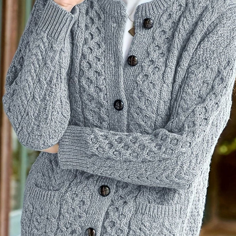 Aran Cable Knit Cardigan for Women with Button Front and Patch Pockets in Silvery Grey, close-up