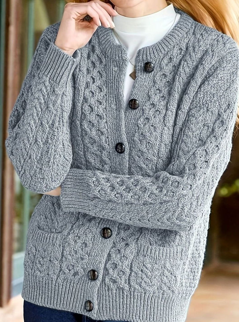 Aran Cable Knit Cardigan for Women with Button Front and Patch Pockets in Silvery Grey, front view
