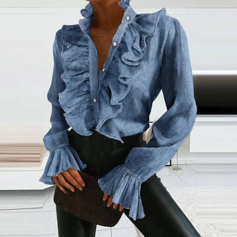 Ruffle Front Blouse for Women with Pleated Frills and Flared Cuffs in Blue, front view