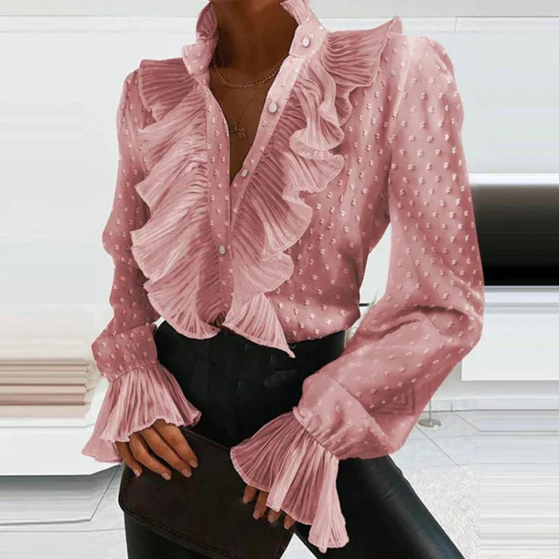 Ruffle Front Blouse for Women with Pleated Frills and Flared Cuffs in Pink, front view
