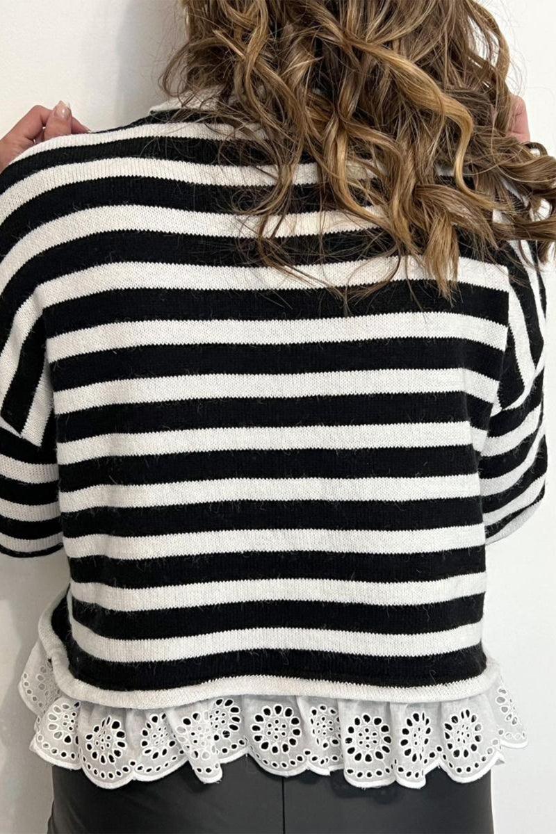 Striped Mock Neck Sweater for Women with Eyelet Lace Ruffle Hem in Black, back view
