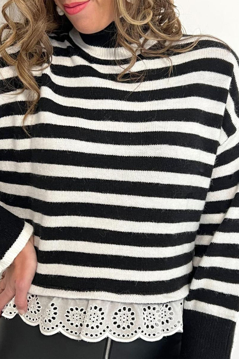 Striped Mock Neck Sweater for Women with Eyelet Lace Ruffle Hem in Black, close front view