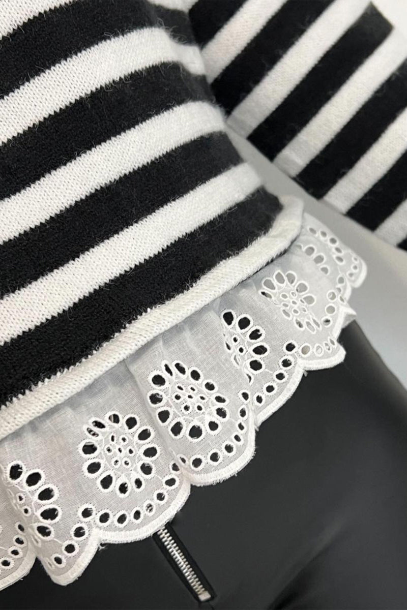 Striped Mock Neck Sweater for Women with Eyelet Lace Ruffle Hem in Black, lace hem close-up