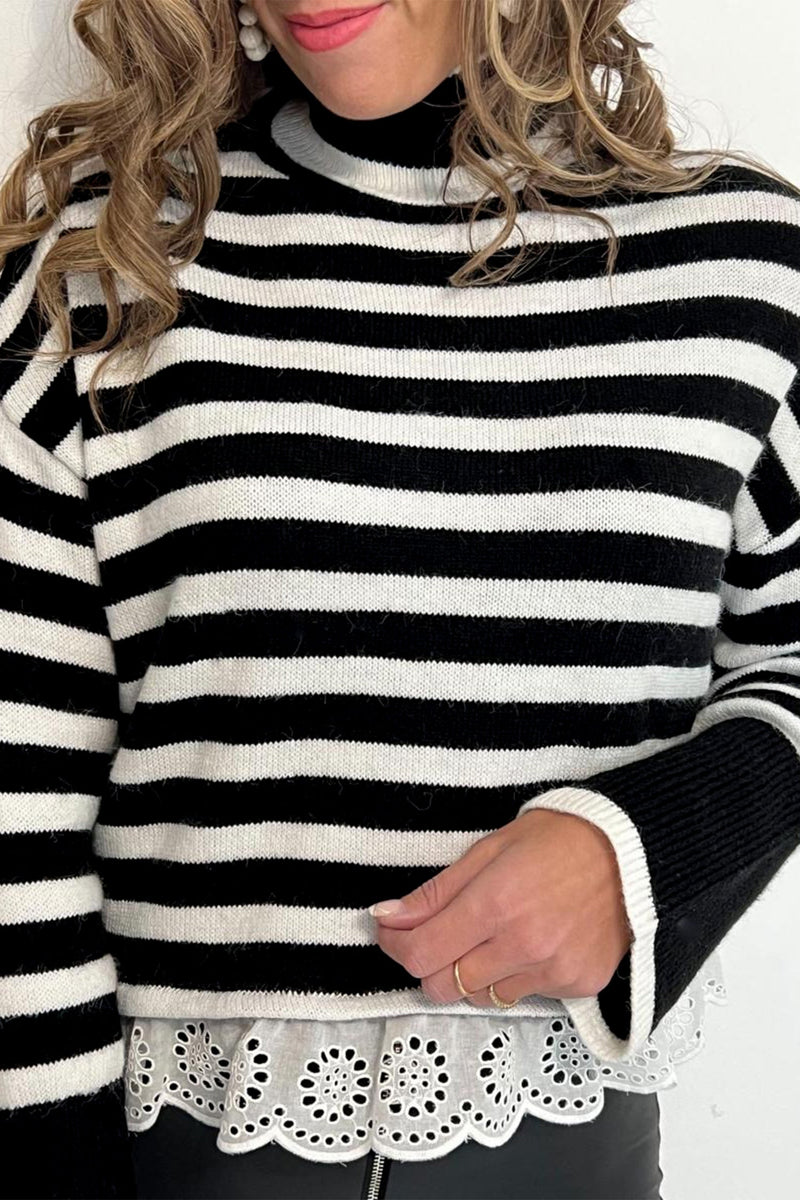 Striped Mock Neck Sweater for Women with Eyelet Lace Ruffle Hem in Black, relaxed front view
