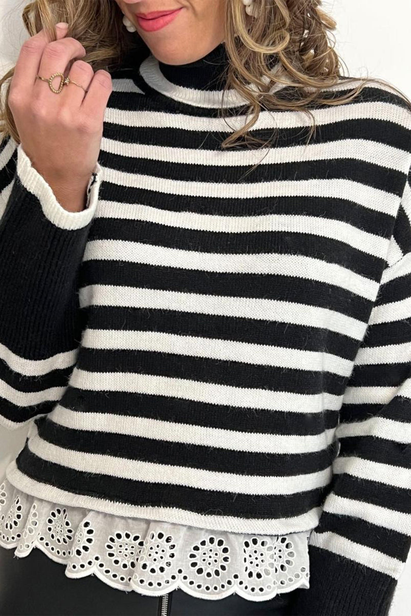 Striped Mock Neck Sweater for Women with Eyelet Lace Ruffle Hem in Black, styled view
