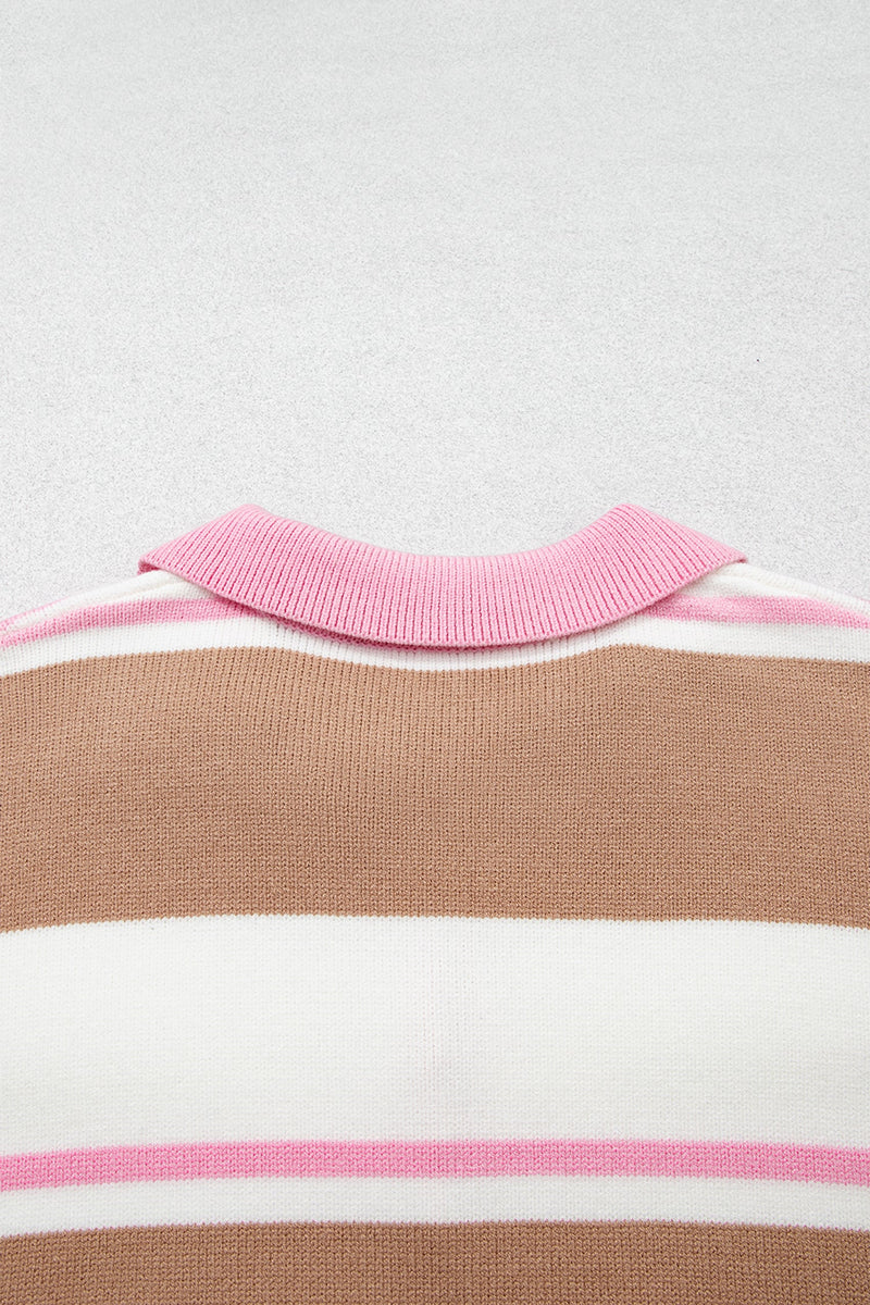 Plus Size Striped Collared Sweater for Women with Button Placket in Pink Stripe, collar detail