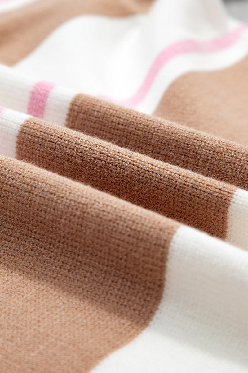 Plus Size Striped Collared Sweater for Women with Button Placket in Pink Stripe, fabric close-up